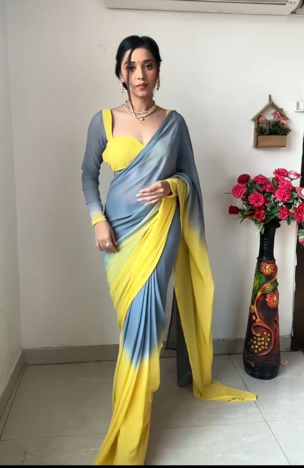 1-Minute Ready To Wear Multi Color Georgette Saree With Unstitched Blouse.