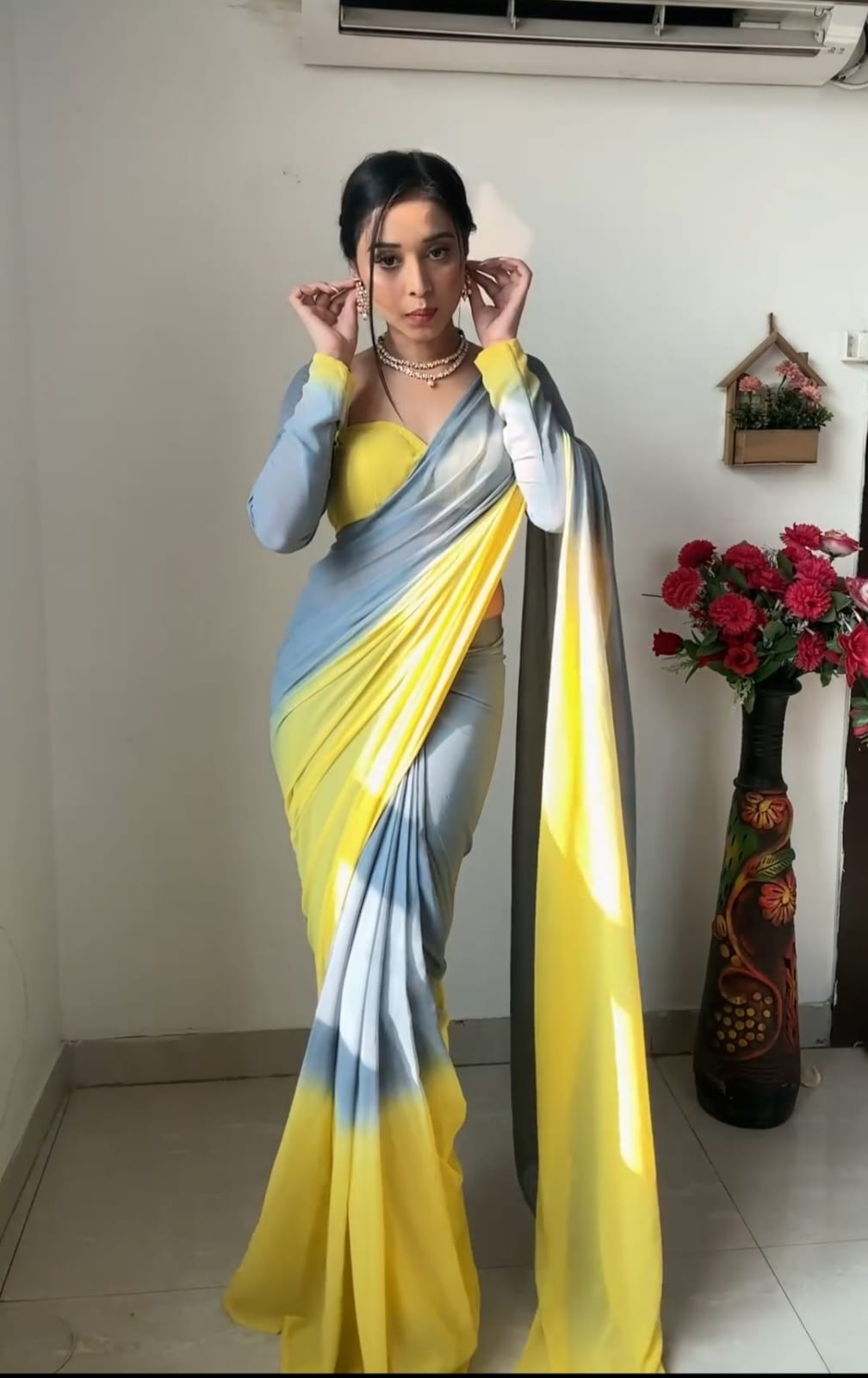 1-Minute Ready To Wear Multi Color Georgette Saree With Unstitched Blouse.