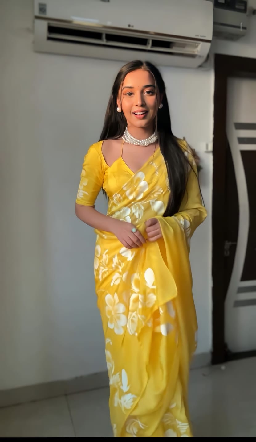 1-Minute Ready To Wear Yellow Georgette Saree With Unstitched Blouse.