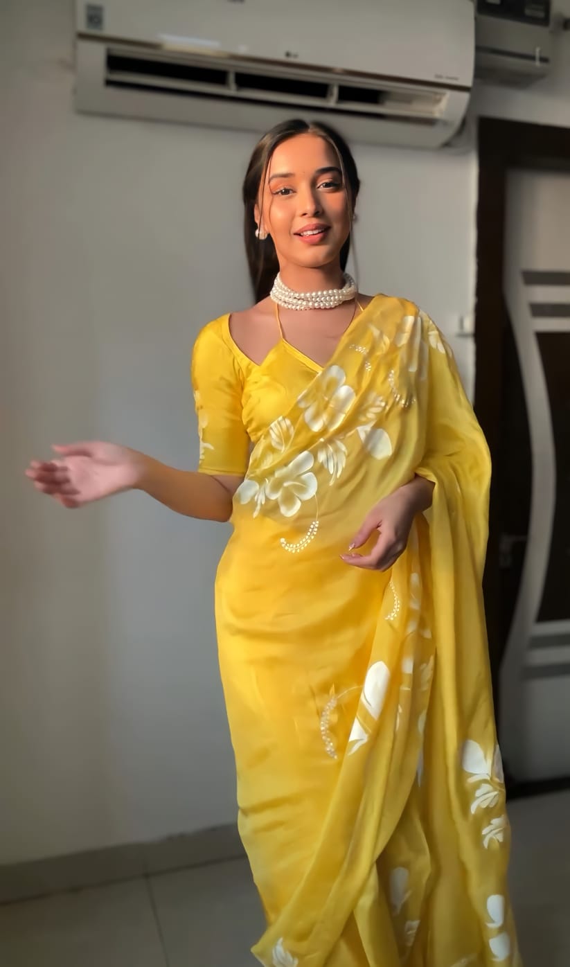 1-Minute Ready To Wear Yellow Georgette Saree With Unstitched Blouse.