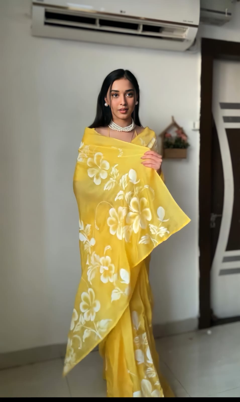 1-Minute Ready To Wear Yellow Georgette Saree With Unstitched Blouse.