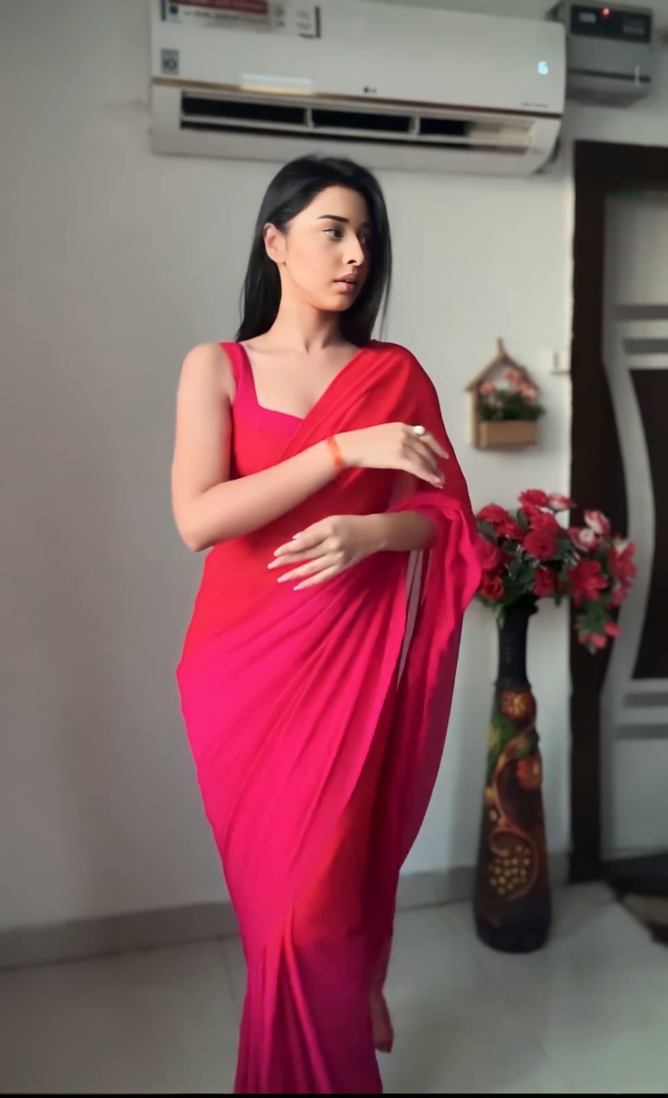 1-Minute Ready To Wear Red or Pink Georgette Saree with unstitched blouse.