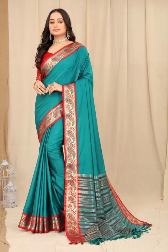 Sky and Red Silver Copper Design Janvi Pure Silk Saree