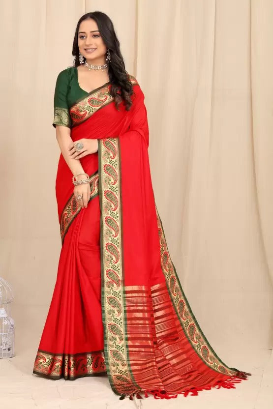 Red and Dark Green Silver Copper Design Janvi Pure Silk Saree