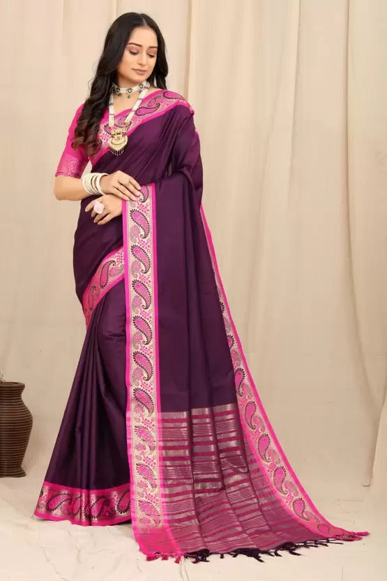 Purple and Pink Silver Copper Design Janvi Pure Silk Saree