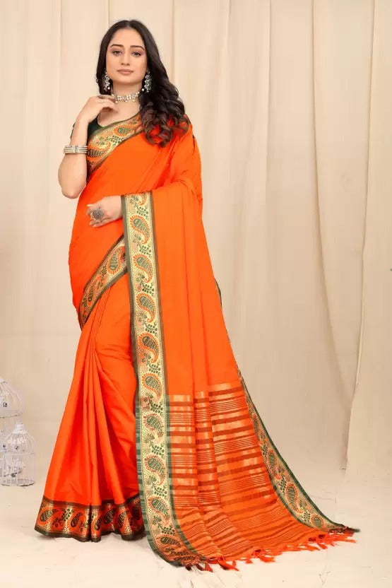 Orange and Green Silver Copper Design Janvi Pure Silk Saree