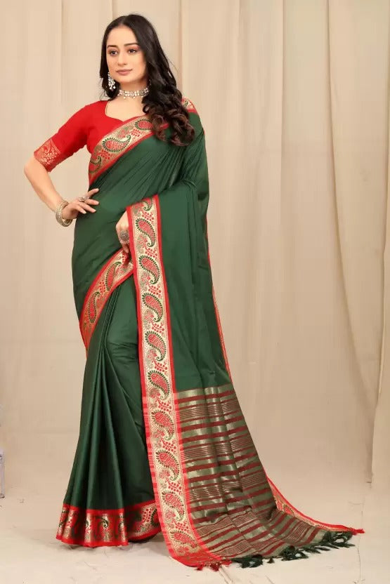 Green and Red Silver Copper Design Janvi Pure Silk Saree