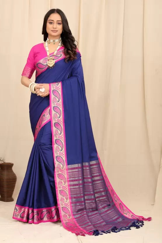 Blue and Pink Silver Copper Design Janvi Pure Silk Saree