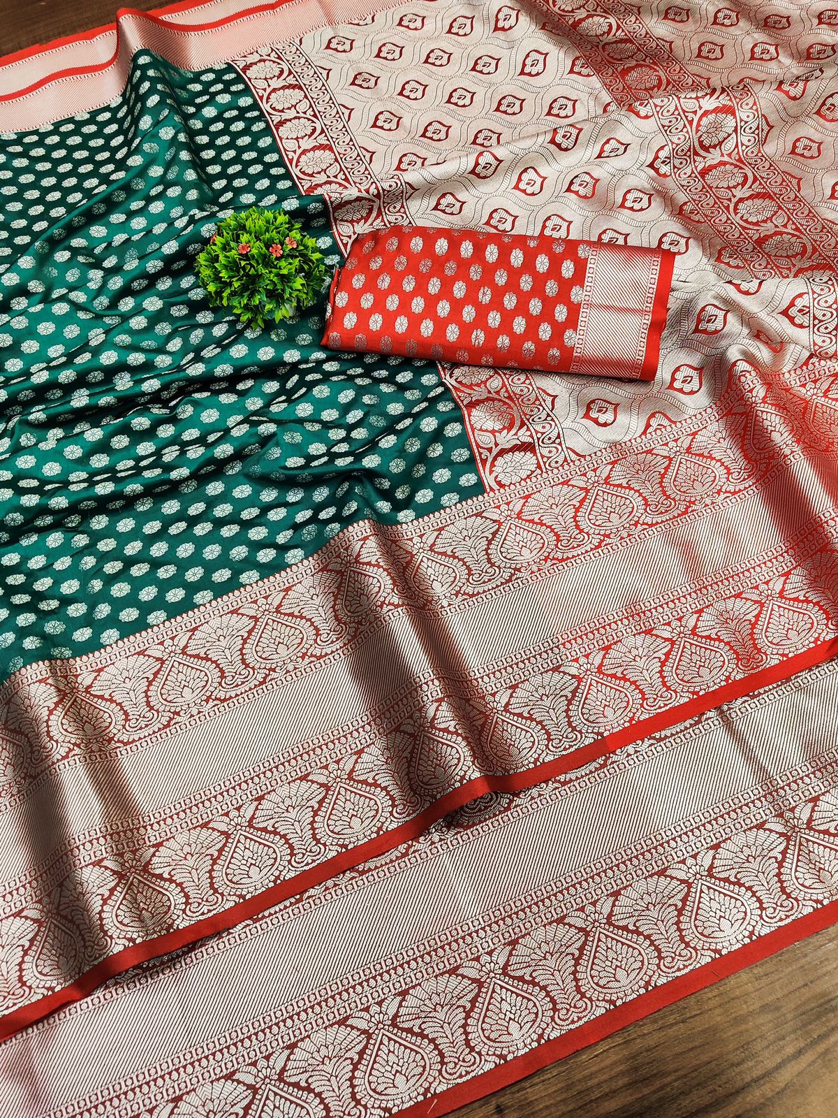 Red and Green Heavy Zari Kanjivaram Silk Saree