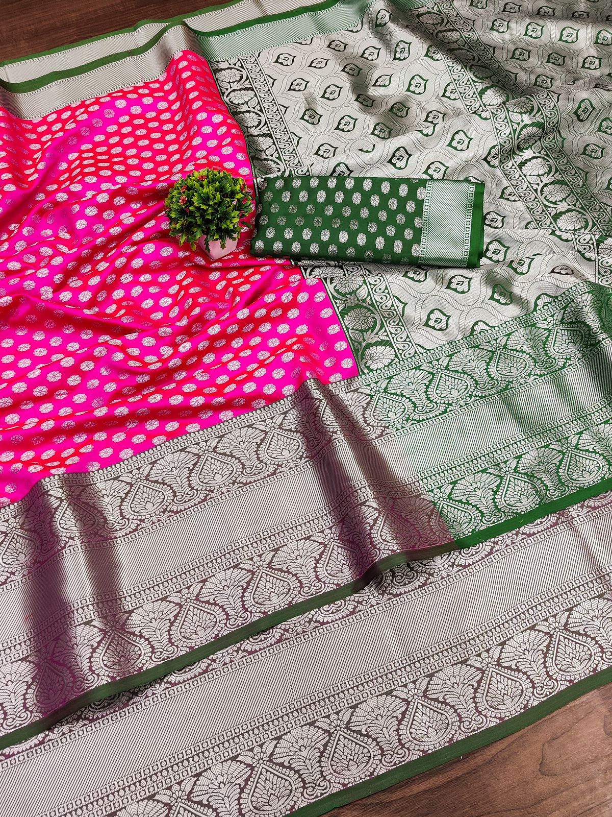 Pink and Green Heavy Zari Kanjivaram Silk Saree