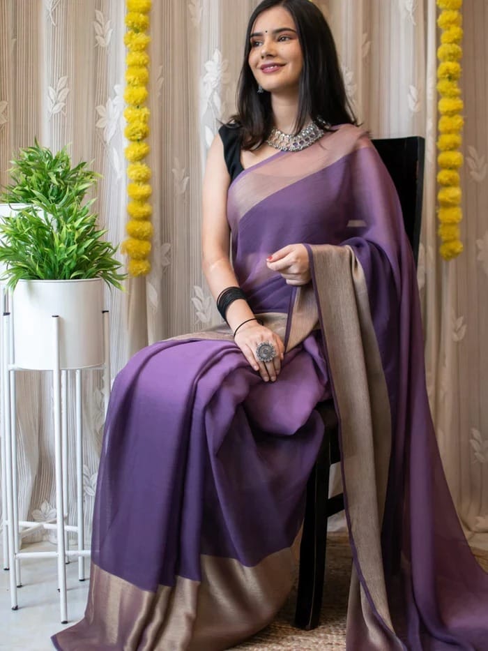 1-min ready to wear saree in premium chiffon silk 3d padding zari patta with unstitch blouse.