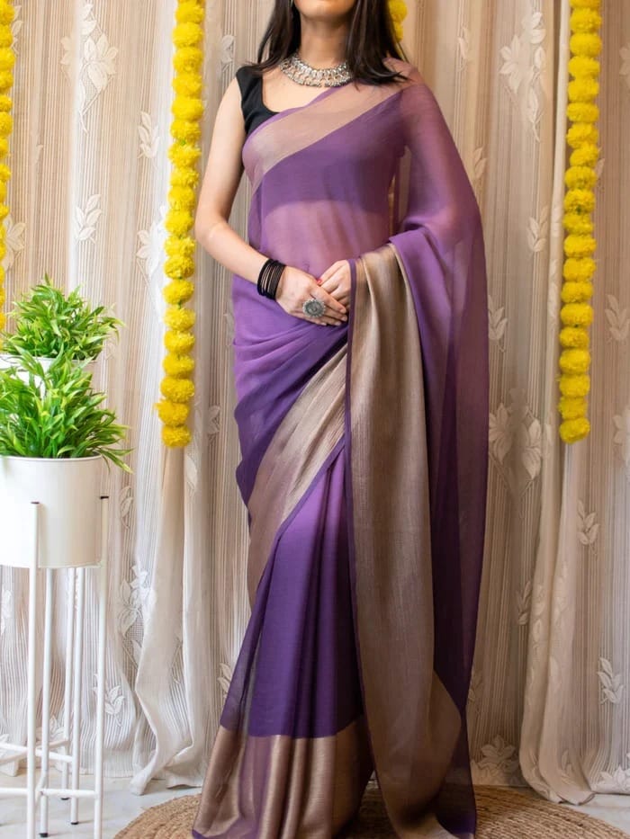 1-min ready to wear saree in premium chiffon silk 3d padding zari patta with unstitch blouse.