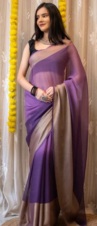 1-min ready to wear saree in premium chiffon silk 3d padding zari patta with unstitch blouse.