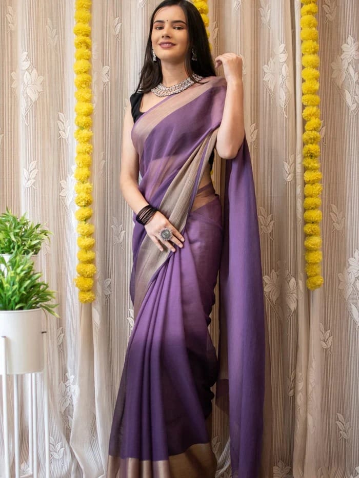 1-min ready to wear saree in premium chiffon silk 3d padding zari patta with unstitch blouse.