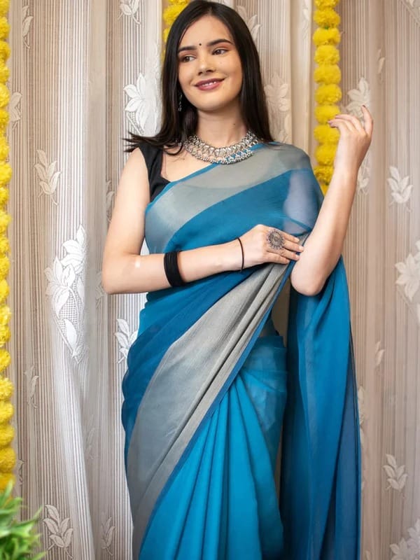 1-Min Ready To Wear Saree In Premium Chiffon Silk 3d Padding Zari Patta With Unstitch Blouse.