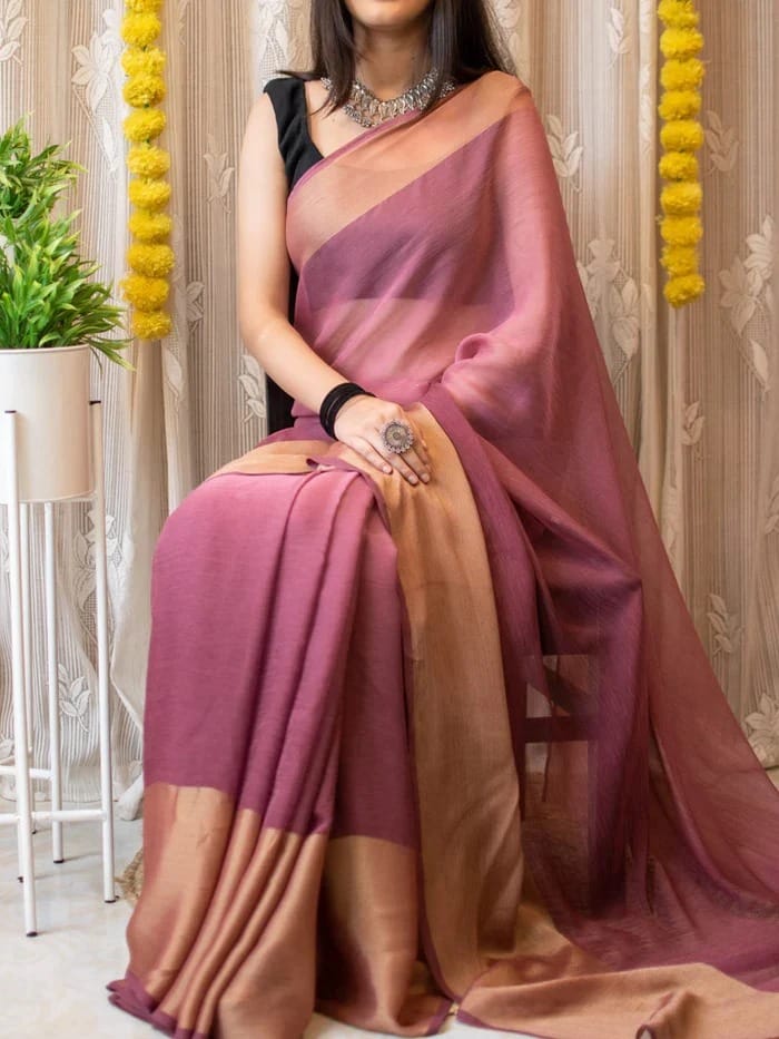 1-Min Ready To Wear Saree In Premium Chiffon Silk 3d Padding Zari Patta With Unstitch Blouse.