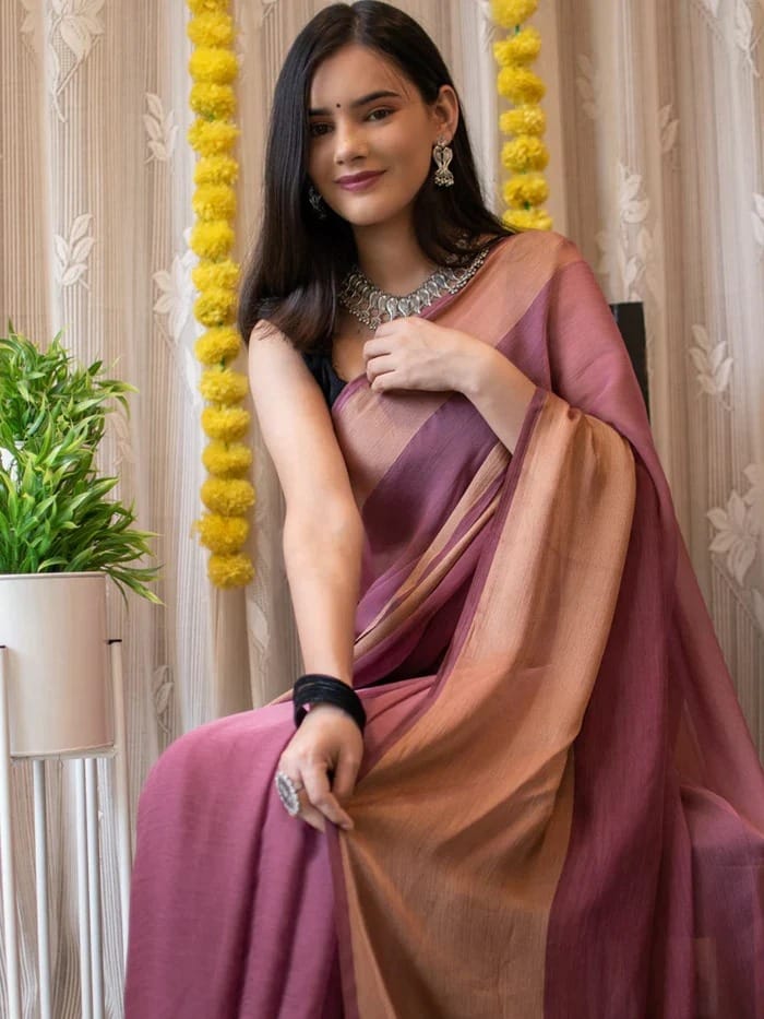 1-Min Ready To Wear Saree In Premium Chiffon Silk 3d Padding Zari Patta With Unstitch Blouse.