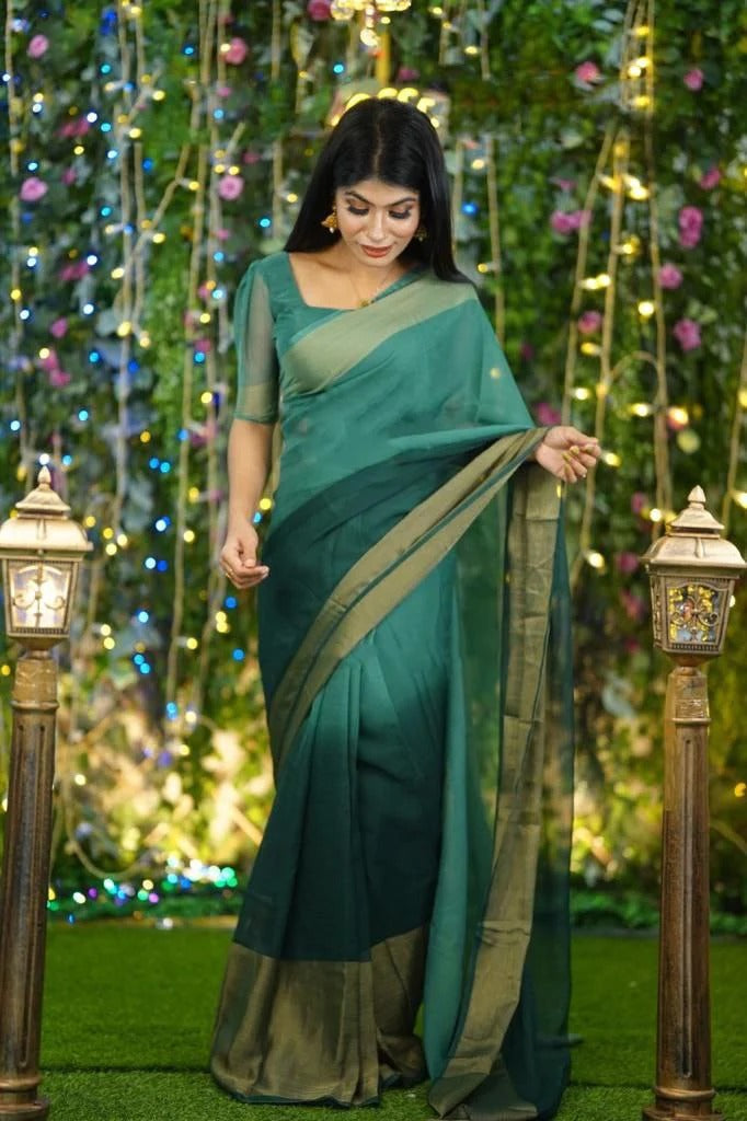 1-Min Ready To Wear Saree In Premium Chiffon Silk 3d Padding Zari Patta With Unstitch Blouse.