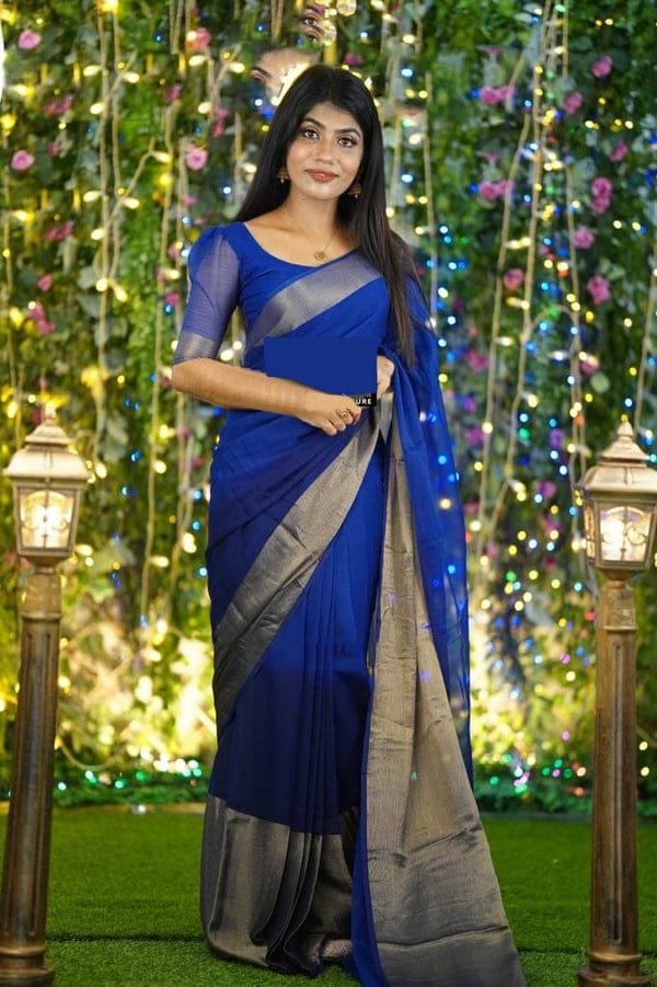 1-Min Ready To Wear Saree In Premium Chiffon Silk 3d Padding Zari Patta With Unstitch Blouse.