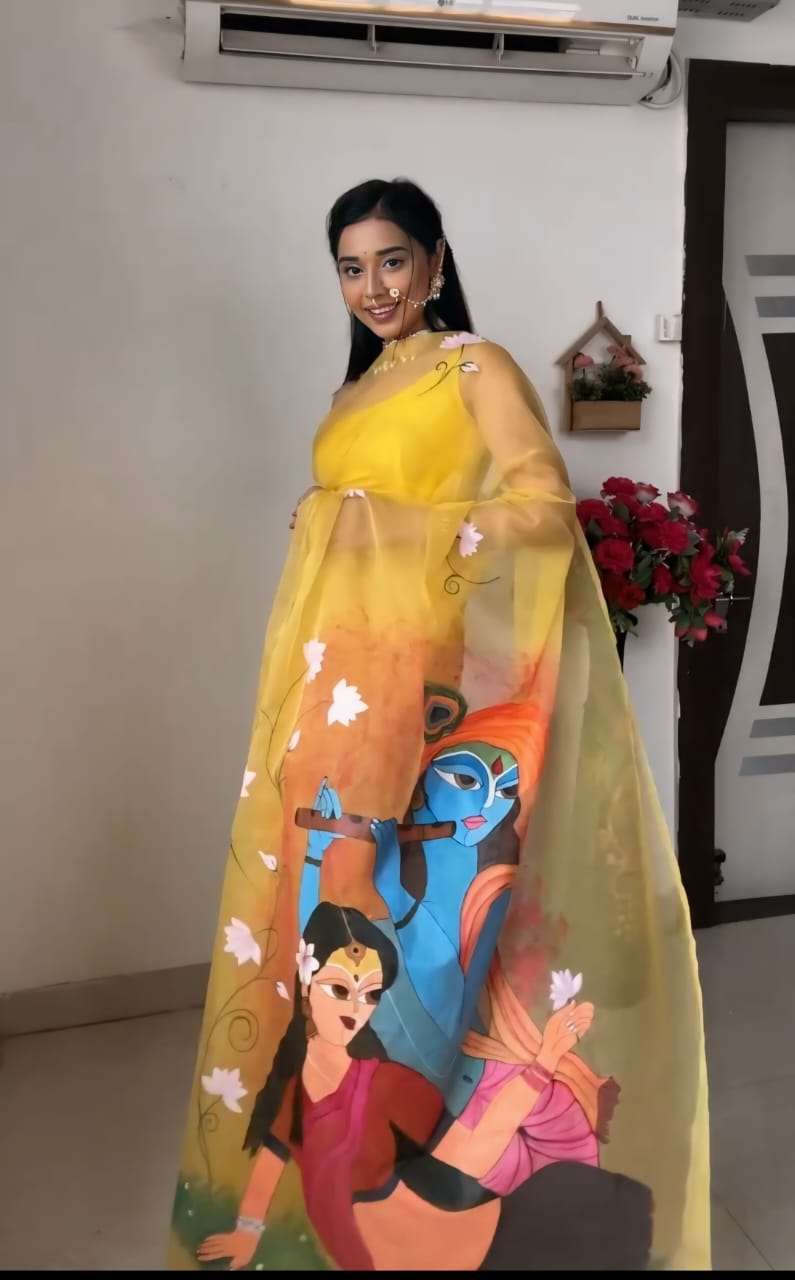 1-Minute Ready To Wear Yellow Organza Silk Saree With Unstitched Blouse.