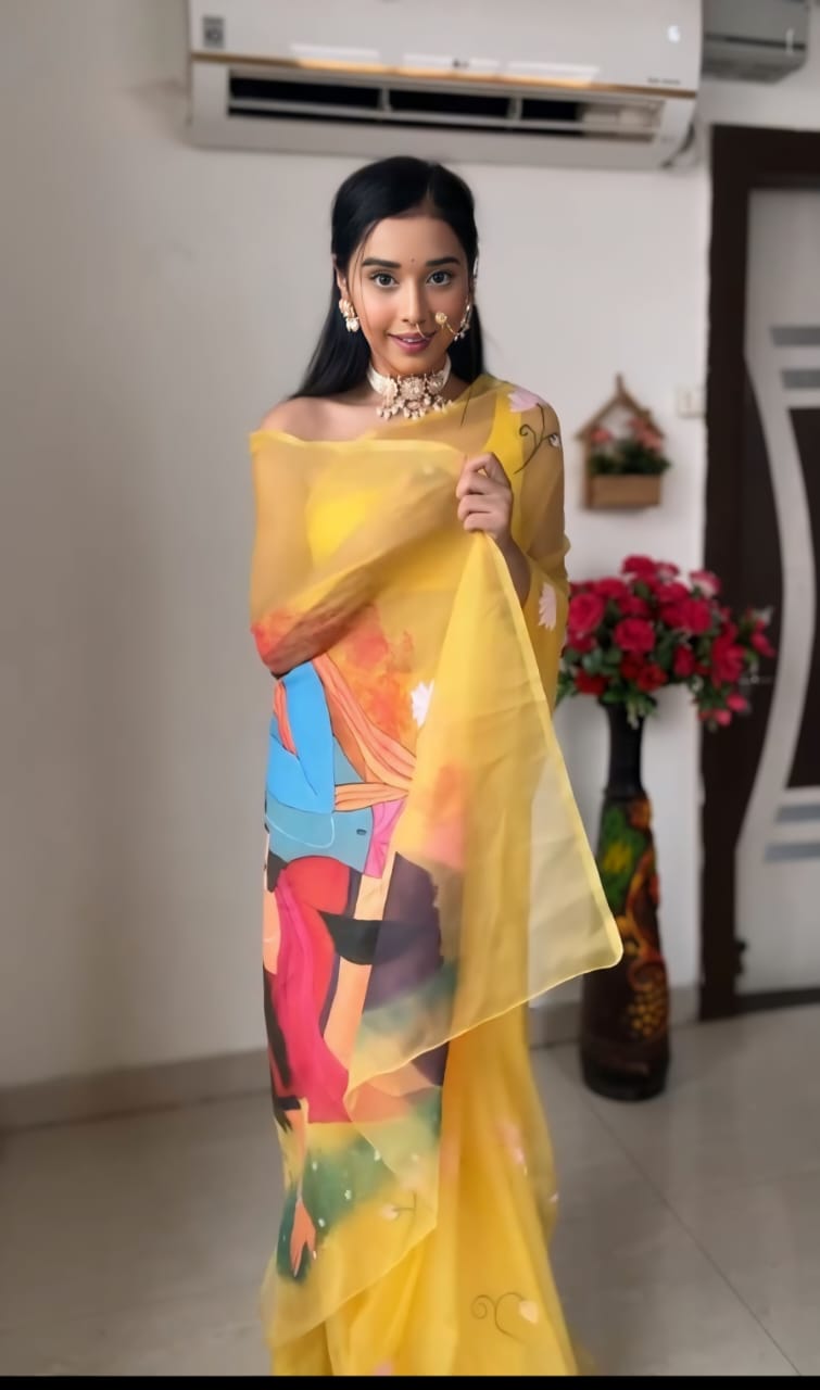 1-Minute Ready To Wear Yellow Organza Silk Saree With Unstitched Blouse.