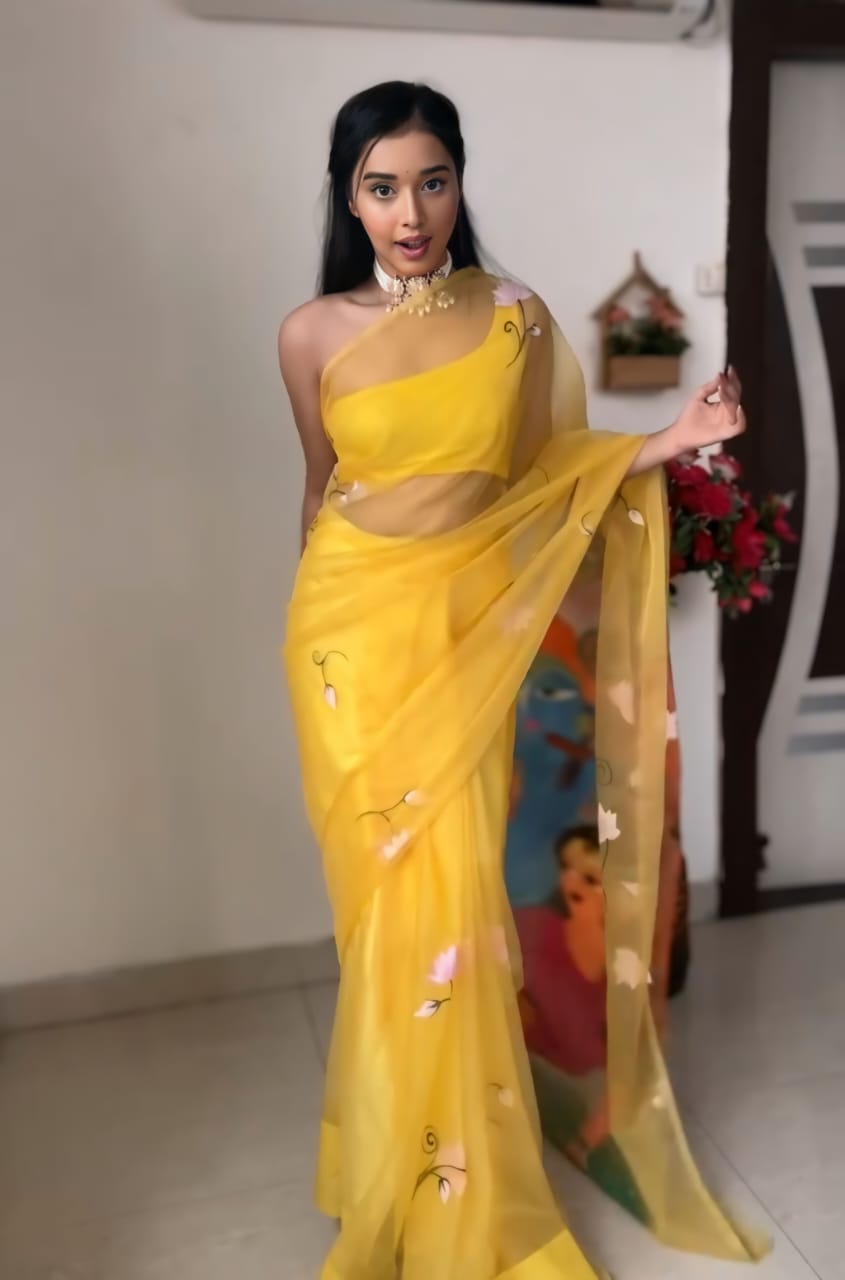 1-Minute Ready To Wear Yellow Organza Silk Saree With Unstitched Blouse.