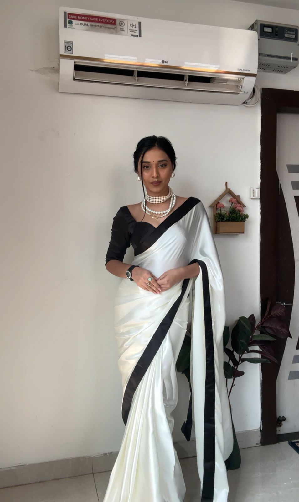 1-Minute Ready To Wear White Satin Silk Saree With Unstitched Blouse.