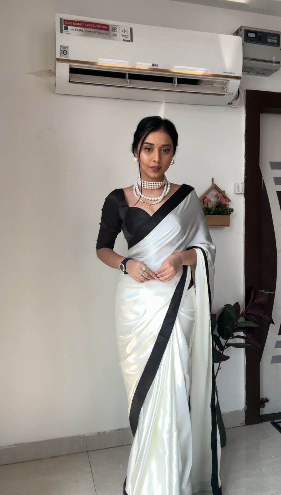 1-Minute Ready To Wear White Satin Silk Saree With Unstitched Blouse.