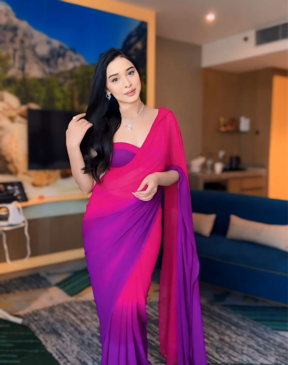 1-Minute Ready To Wear Lavender and Pink Georgette Saree With Unstitched Blouse.