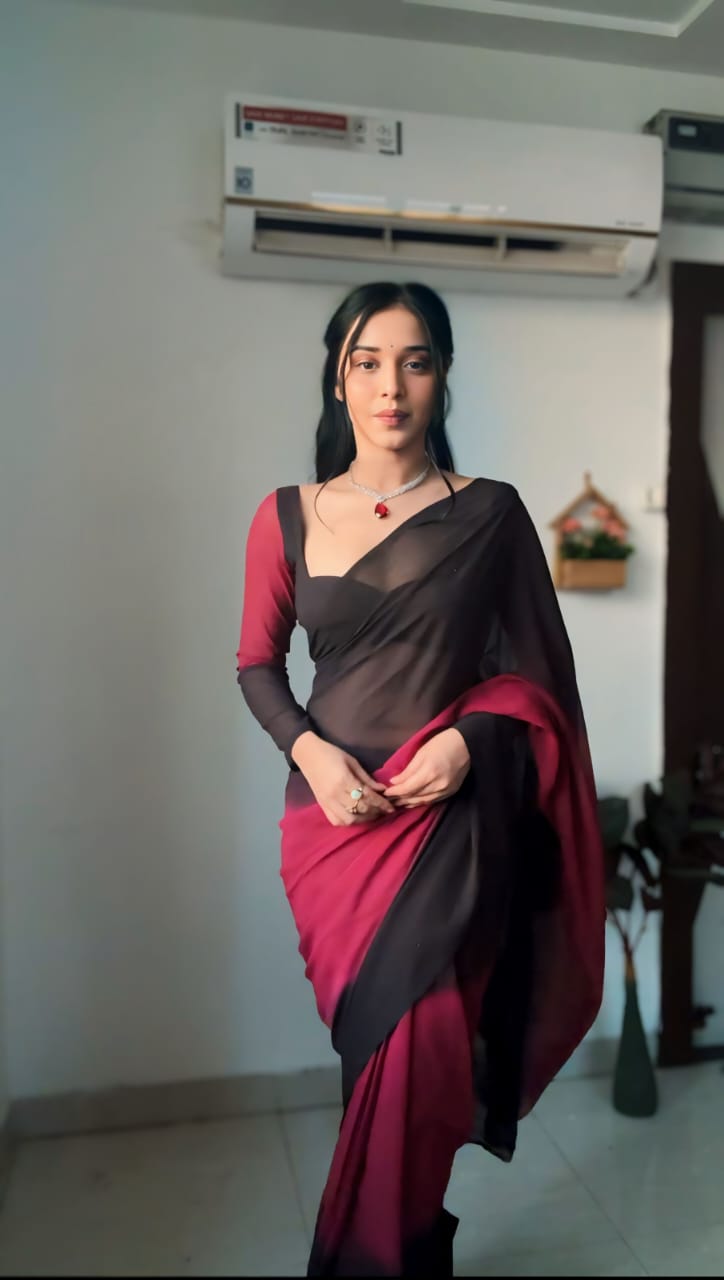 1-Minute Ready To Wear Black and Maroon Georgette Saree With Unstitched Blouse.