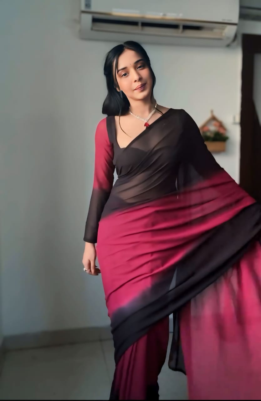 1-Minute Ready To Wear Black and Maroon Georgette Saree With Unstitched Blouse.