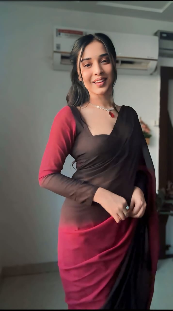 1-Minute Ready To Wear Black and Maroon Georgette Saree With Unstitched Blouse.