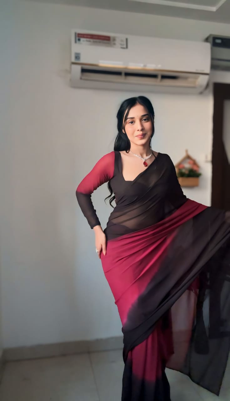 1-Minute Ready To Wear Black and Maroon Georgette Saree With Unstitched Blouse.