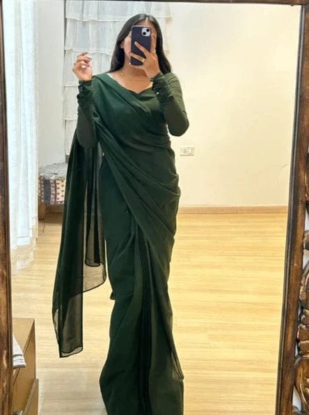 1 Min Ready to Wear Dark Green Georgette Saree- Rubby FOX BOTTON GREEN