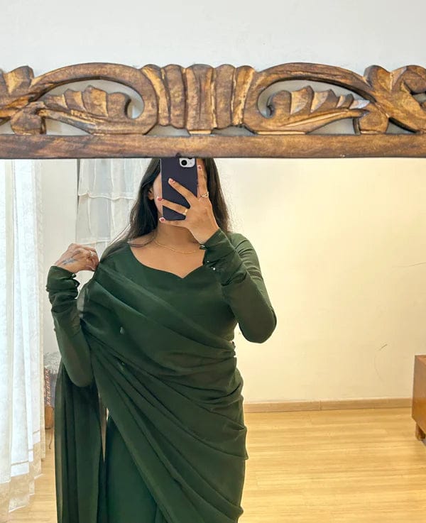 1 Min Ready to Wear Dark Green Georgette Saree- Rubby FOX BOTTON GREEN