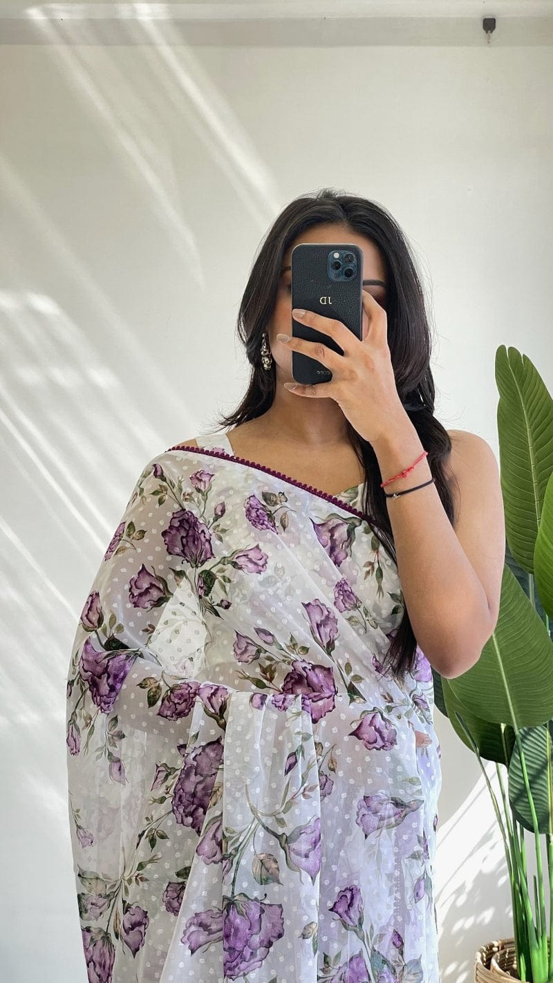 1-Min Ready To Wear 1000 Butti Floral Digital Print Saree With Unstitch Blouse ( 1 Meter ) Purple Rose