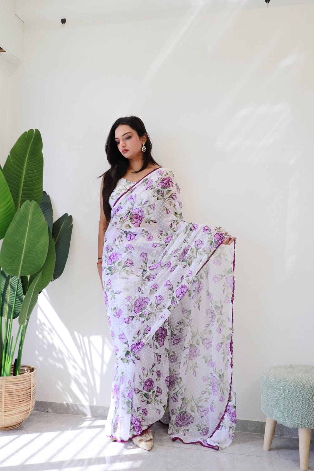 1-Min Ready To Wear 1000 Butti Floral Digital Print Saree With Unstitch Blouse ( 1 Meter ) Purple Rose