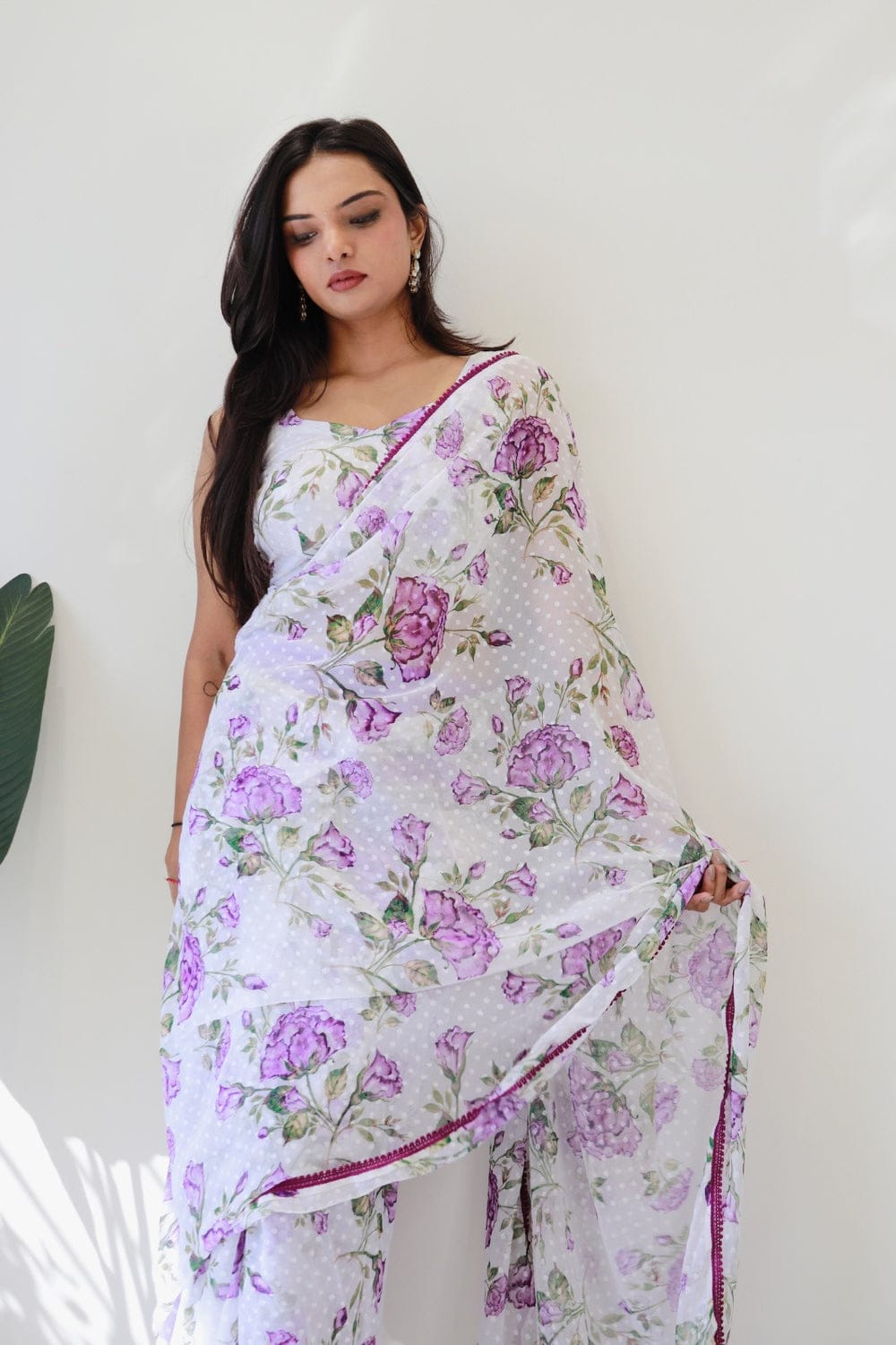 1-Min Ready To Wear 1000 Butti Floral Digital Print Saree With Unstitch Blouse ( 1 Meter ) Purple Rose