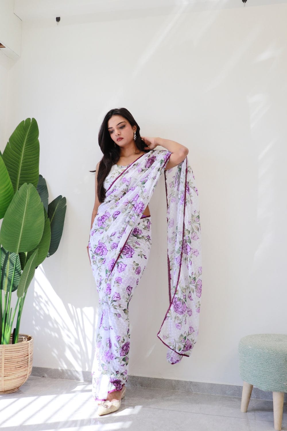 1-Min Ready To Wear 1000 Butti Floral Digital Print Saree With Unstitch Blouse ( 1 Meter ) Purple Rose