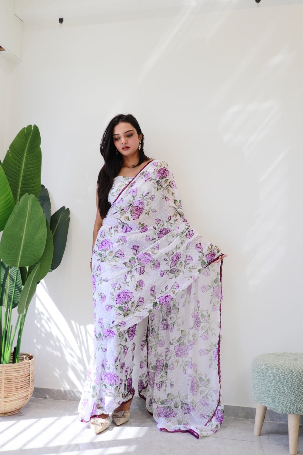 1-Min Ready To Wear 1000 Butti Floral Digital Print Saree With Unstitch Blouse ( 1 Meter ) Purple Rose