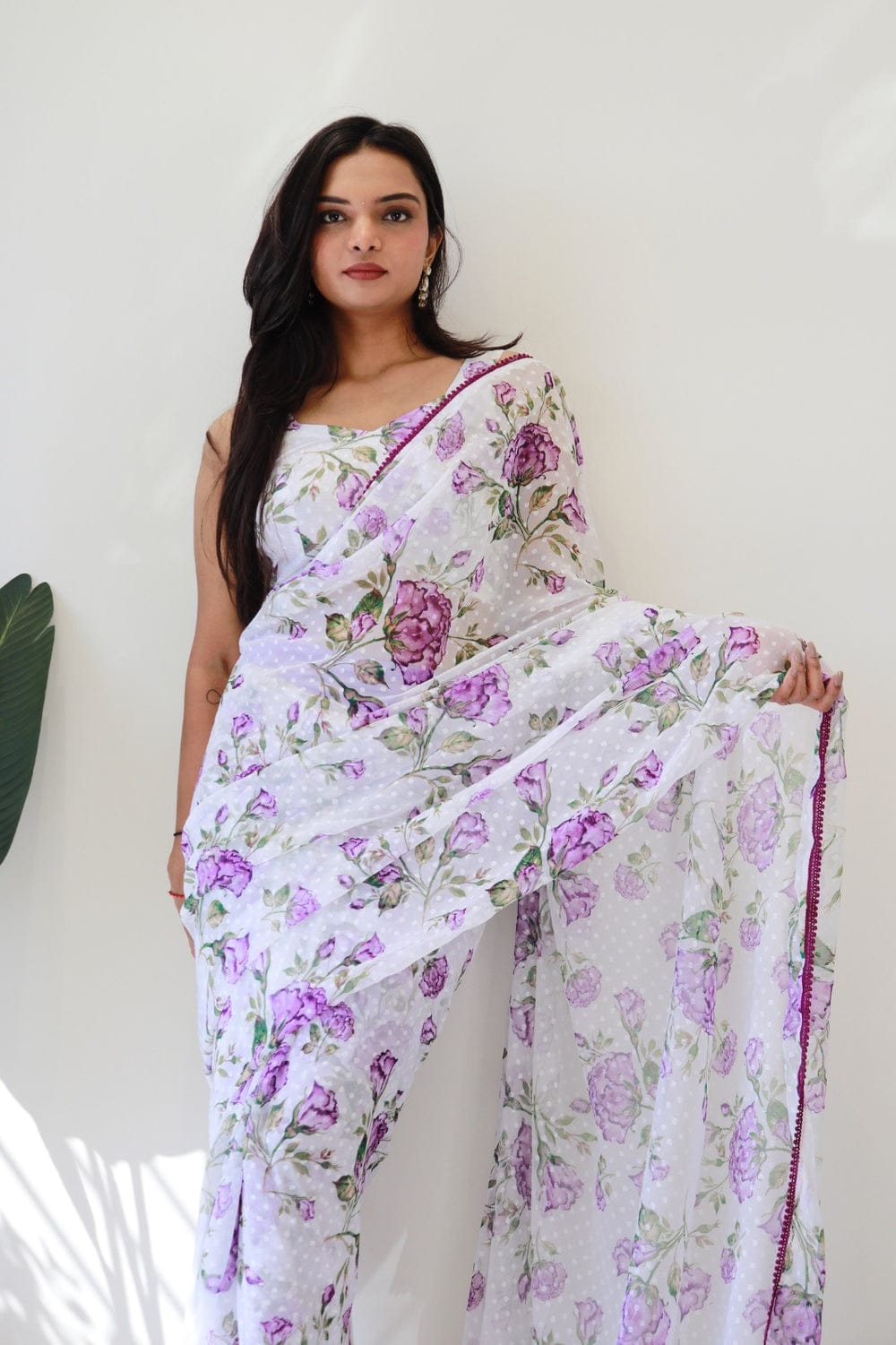 1-Min Ready To Wear 1000 Butti Floral Digital Print Saree With Unstitch Blouse ( 1 Meter ) Purple Rose