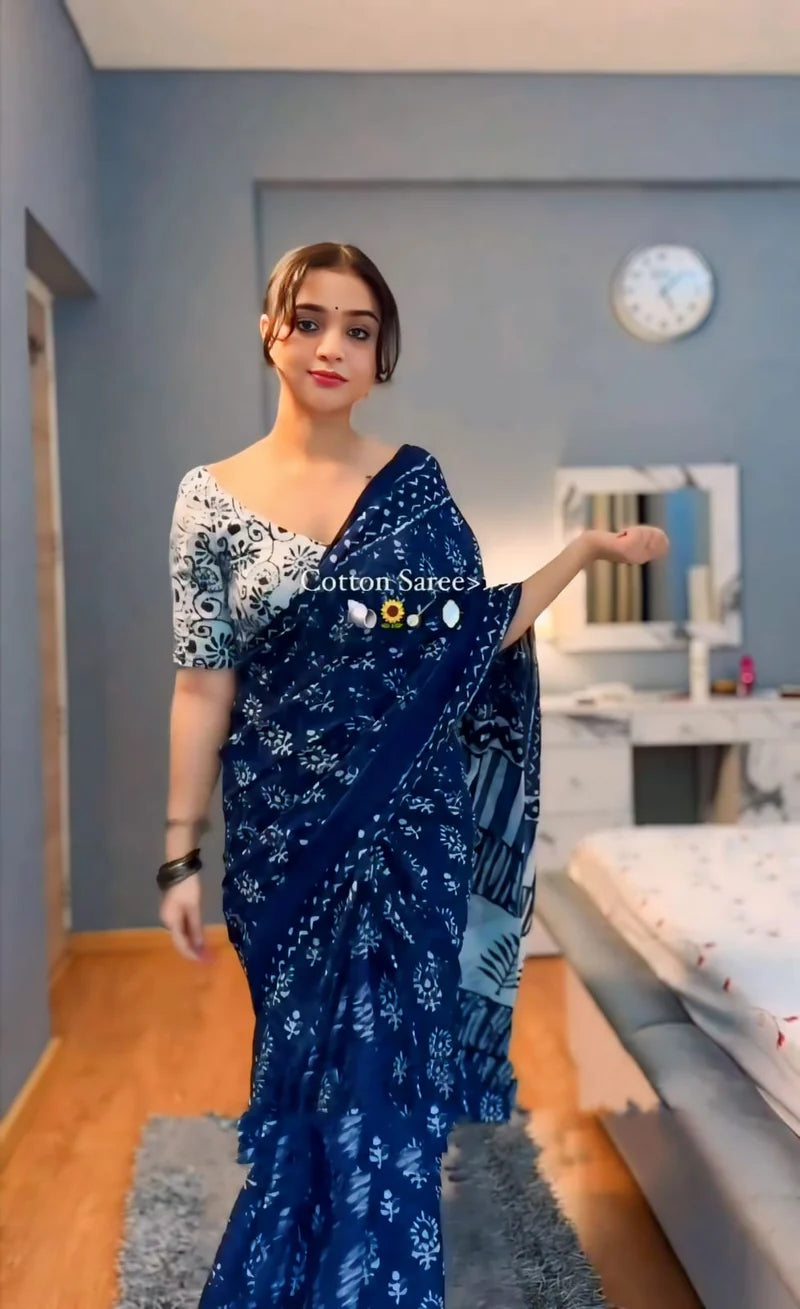 1-Minute Ready To Wear Blue Pure Soft Linen Silk Saree With Unstitched Blouse.