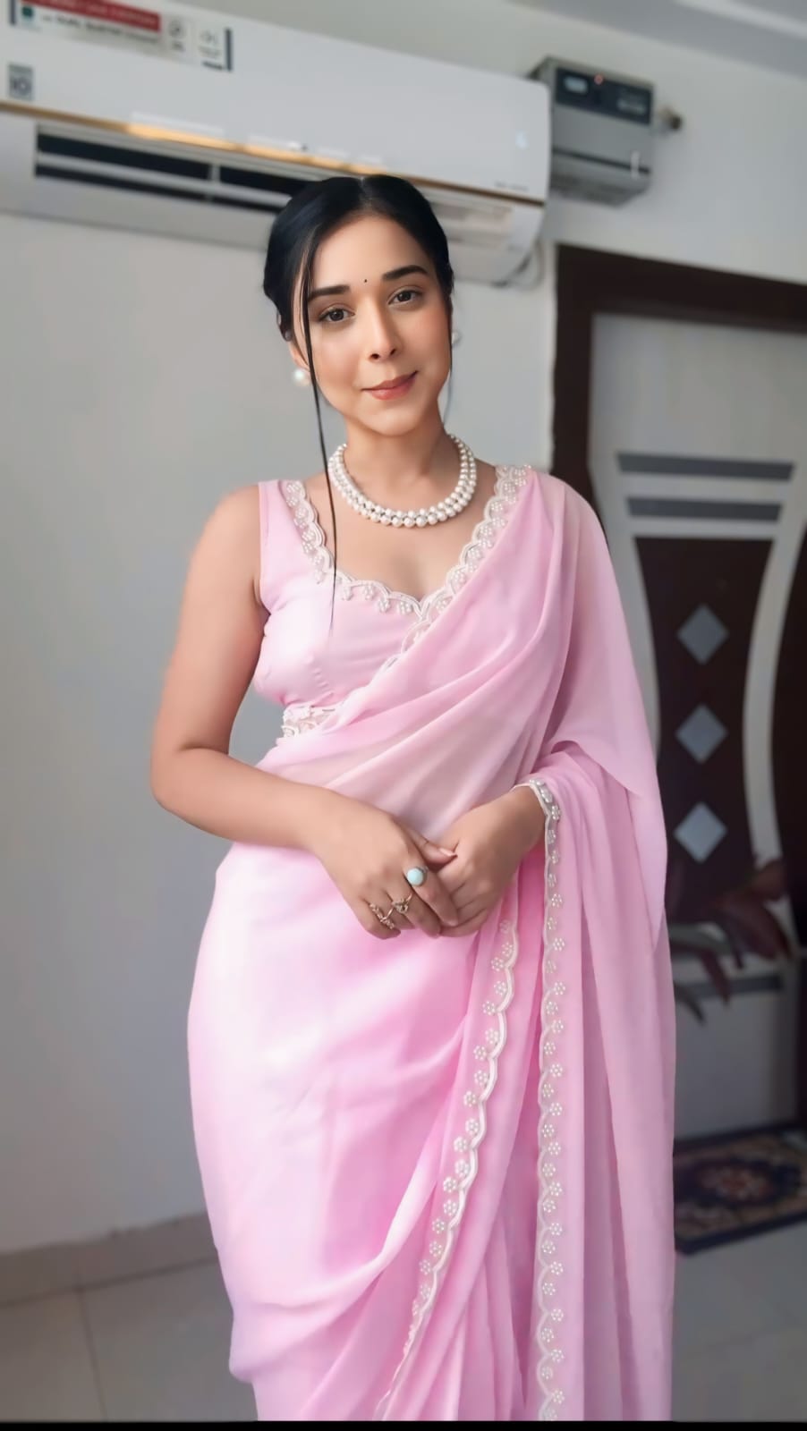 1-Min Ready To Wear pure soft Georgette silk with beautiful hand work Baby Pink Saree With Unstitched Blouse.