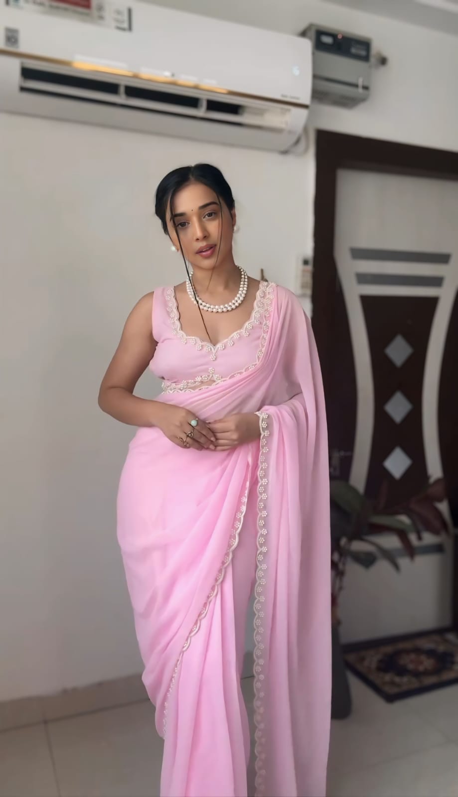 1-Min Ready To Wear pure soft Georgette silk with beautiful hand work Baby Pink Saree With Unstitched Blouse.