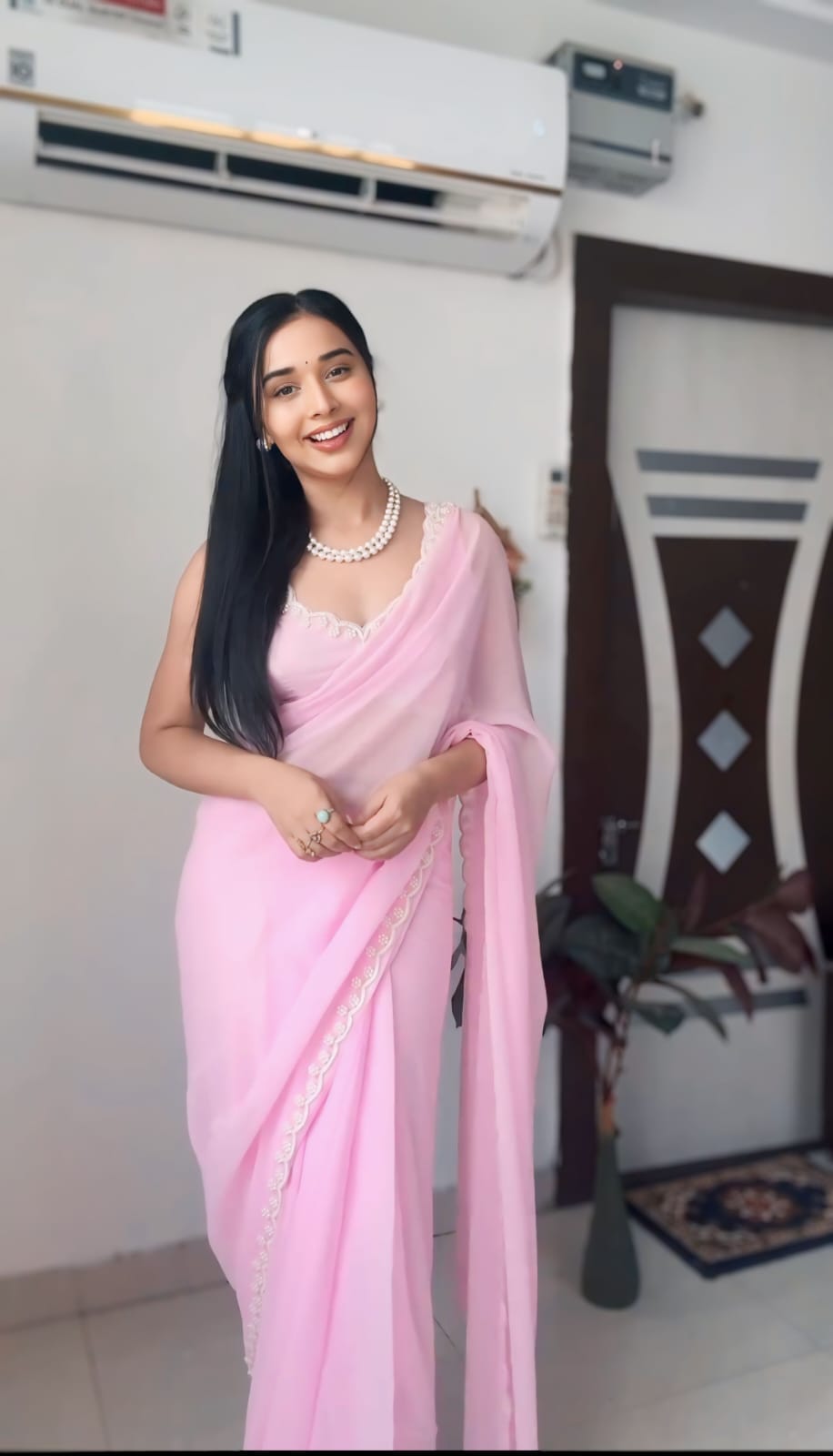 1-Min Ready To Wear pure soft Georgette silk with beautiful hand work Baby Pink Saree With Unstitched Blouse.