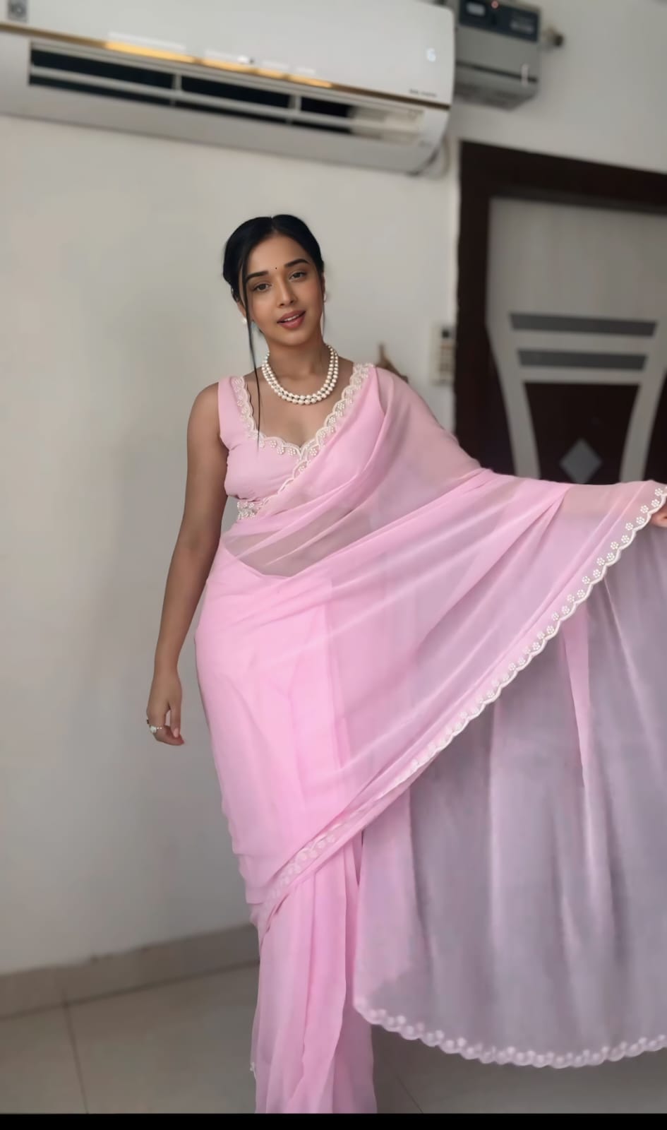 1-Min Ready To Wear pure soft Georgette silk with beautiful hand work Baby Pink Saree With Unstitched Blouse.