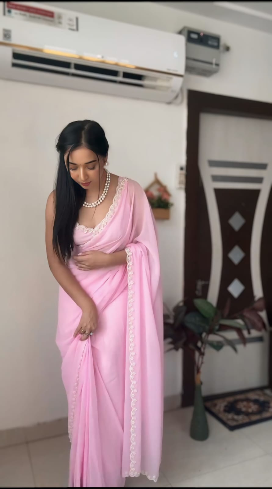 1-Min Ready To Wear pure soft Georgette silk with beautiful hand work Baby Pink Saree With Unstitched Blouse.