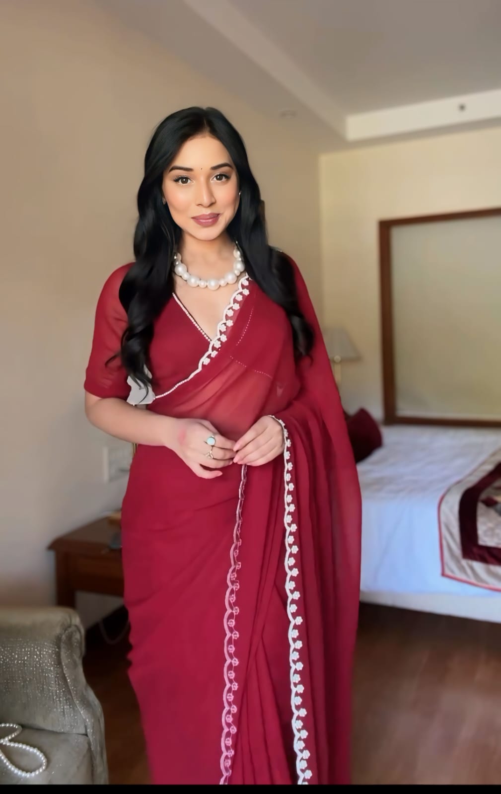 1-Min Ready To Wear pure soft Georgette silk with beautiful hand work Maroon Saree With Unstitched Blouse.