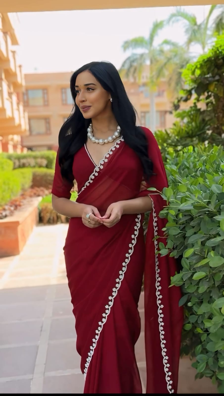 1-Min Ready To Wear pure soft Georgette silk with beautiful hand work Maroon Saree With Unstitched Blouse.