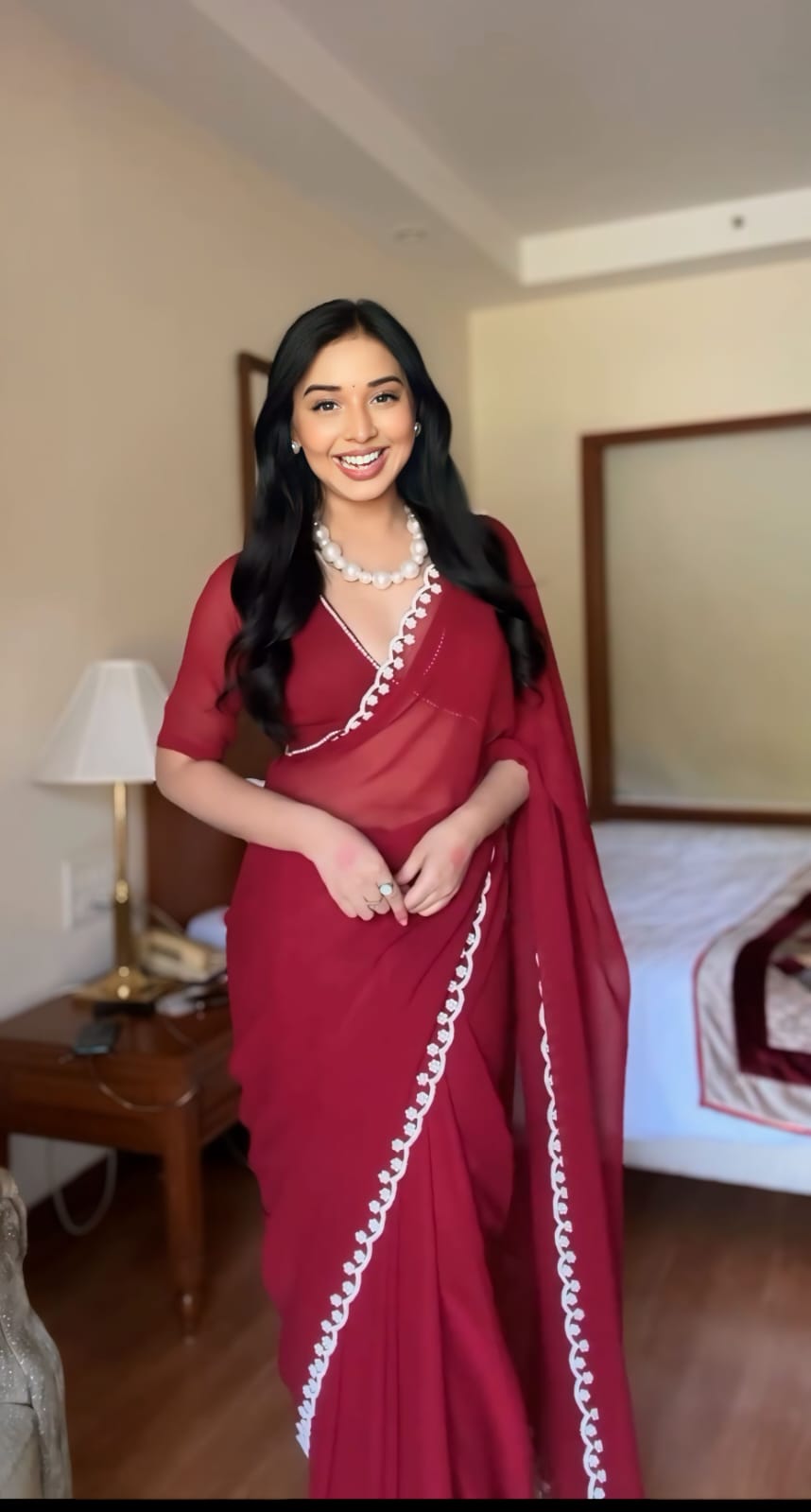 1-Min Ready To Wear pure soft Georgette silk with beautiful hand work Maroon Saree With Unstitched Blouse.